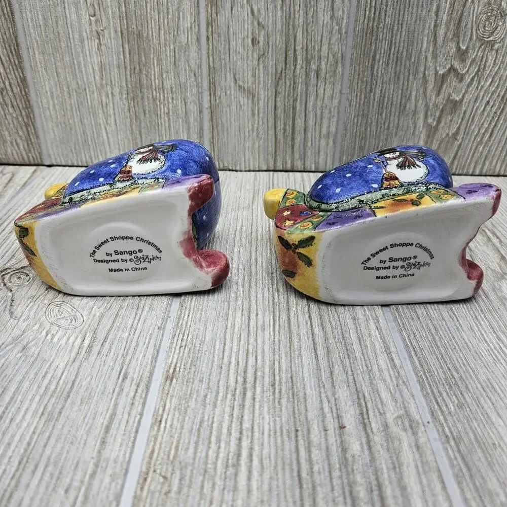 Sango Sweet Shoppe Christmas Snowman Sleigh‎ Candle Holders Set of 2 Sue Zipkin